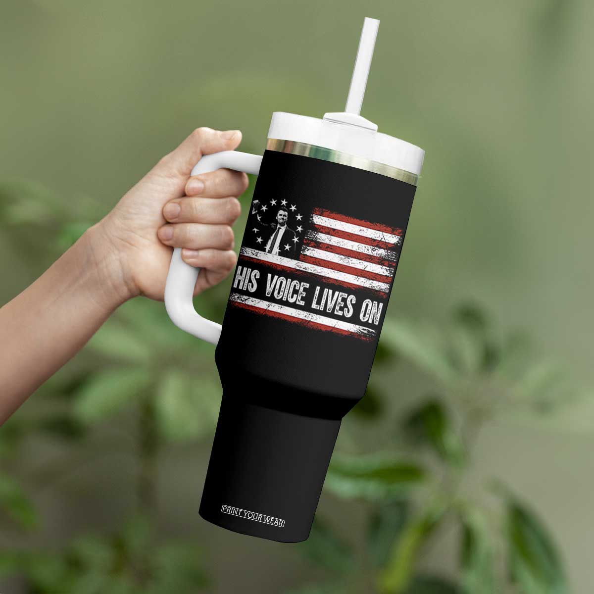 Charlie Kirk Memorial Tumbler With Handle His Voice Lives On Vintage Patriotic American Flag TS02 Print Your Wear