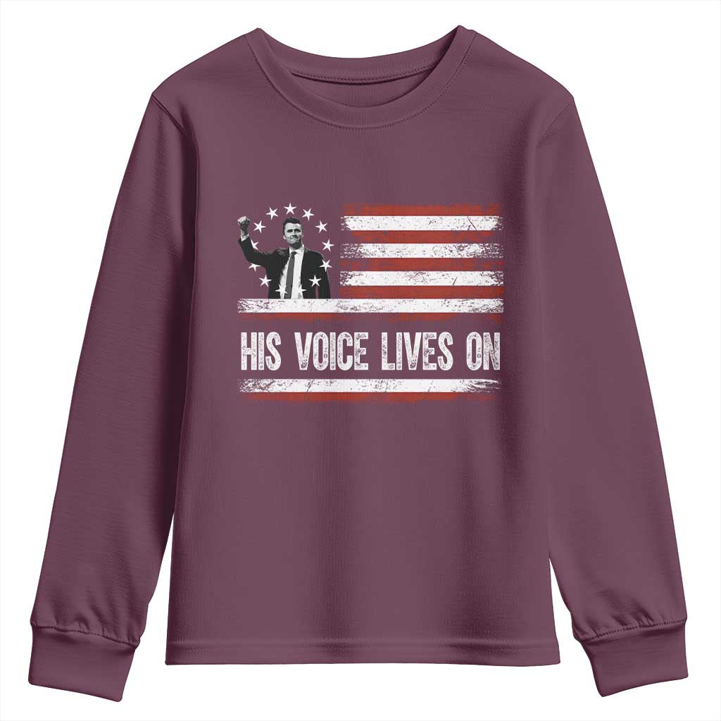 Charlie Kirk Memorial Youth Sweatshirt His Voice Lives On Vintage Patriotic American Flag TS02 Maroon Print Your Wear