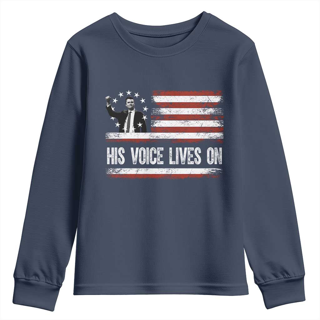 Charlie Kirk Memorial Youth Sweatshirt His Voice Lives On Vintage Patriotic American Flag TS02 Navy Print Your Wear
