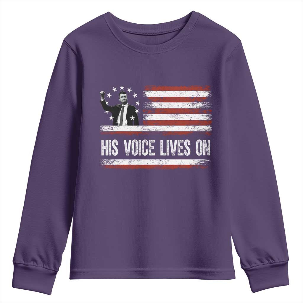 Charlie Kirk Memorial Youth Sweatshirt His Voice Lives On Vintage Patriotic American Flag TS02 Purple Print Your Wear