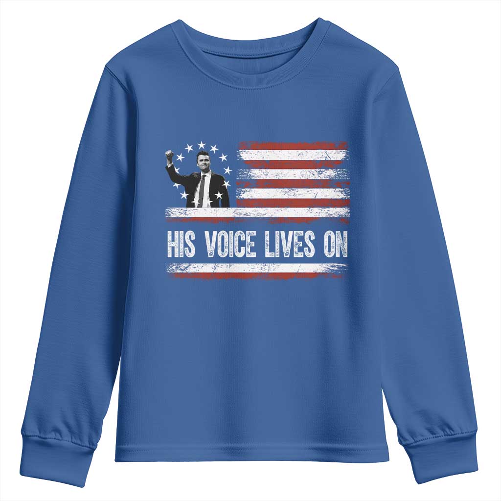Charlie Kirk Memorial Youth Sweatshirt His Voice Lives On Vintage Patriotic American Flag TS02 Royal Blue Print Your Wear