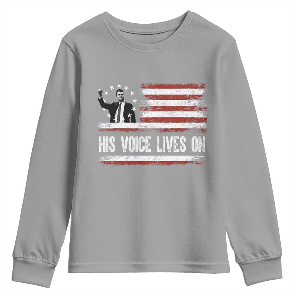 Charlie Kirk Memorial Youth Sweatshirt His Voice Lives On Vintage Patriotic American Flag TS02 Sport Gray Print Your Wear
