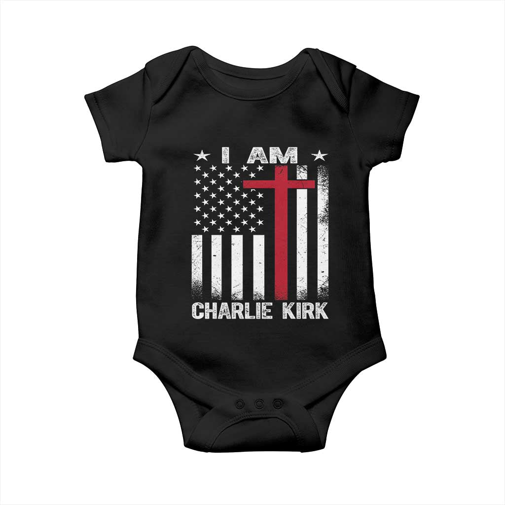 I Am Charlie Kirk Baby Onesie Christian Cross Faith American Falg TS02 Black Print Your Wear