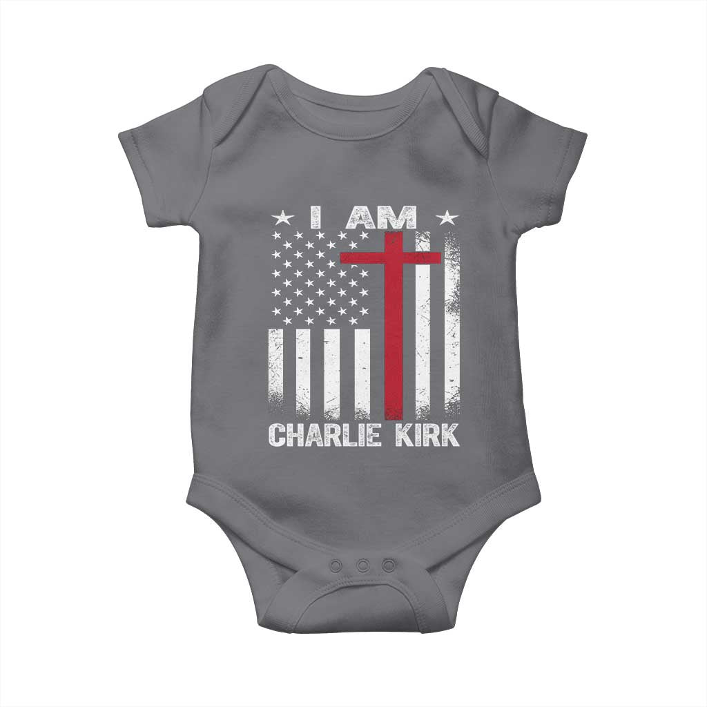 I Am Charlie Kirk Baby Onesie Christian Cross Faith American Flag TS02 Charcoal Print Your Wear