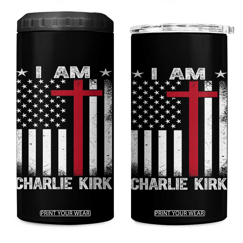 I Am Charlie Kirk 4 in 1 Can Cooler Tumbler Christian Cross Faith American Flag TS02 One Size: 16 oz Black Print Your Wear
