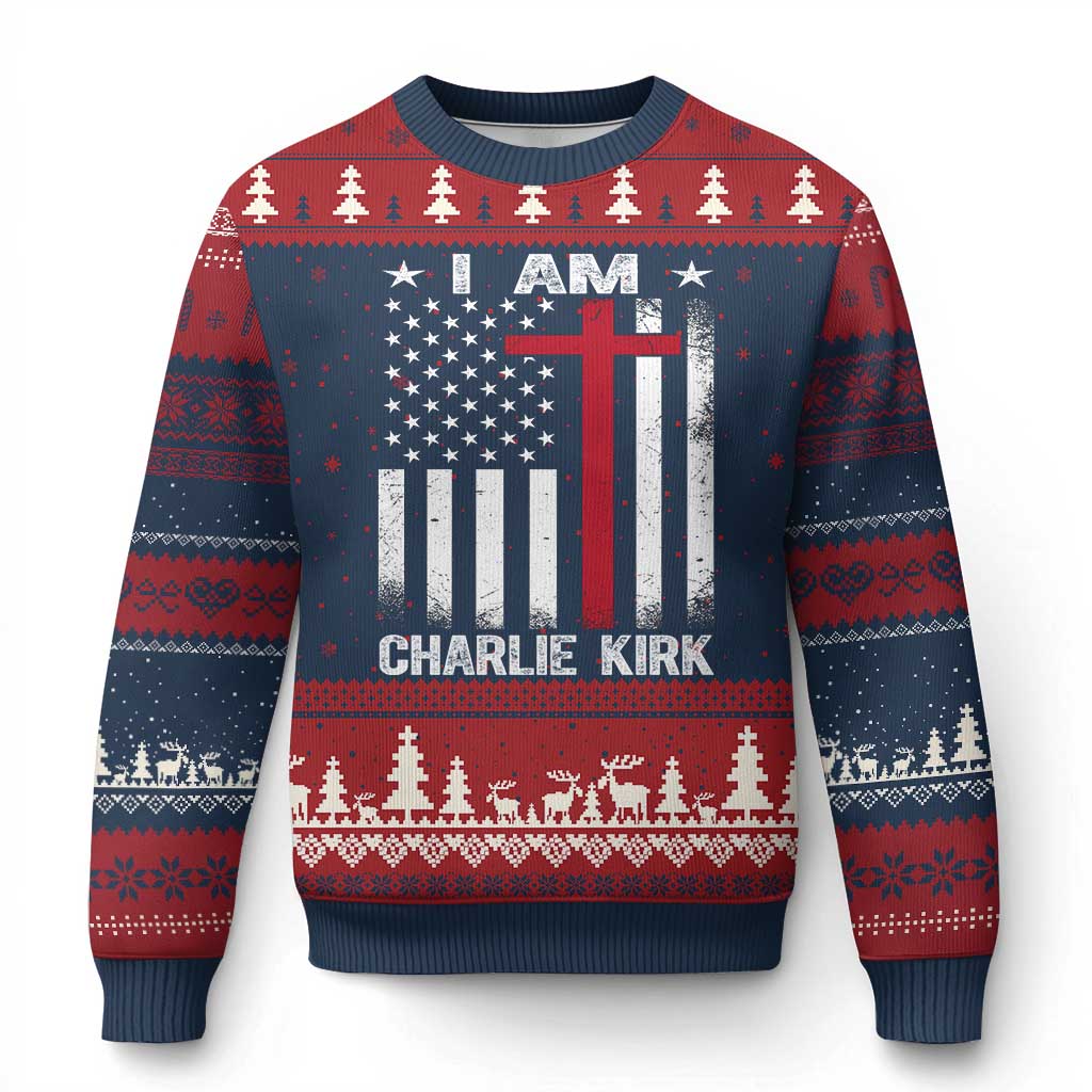 I Am Charlie Kirk Ugly Christmas Sweater Christian Cross Faith American Flag TS02 Navy Red Print Your Wear