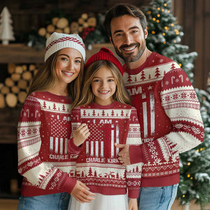I Am Charlie Kirk Ugly Christmas Sweater Christian Cross Faith American Falg TS02 Red Beige Print Your Wear