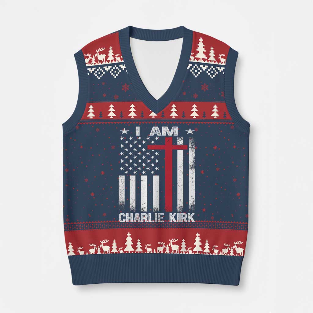 I Am Charlie Kirk V-Neck Knit Sweater Vest Christian Cross Faith American Flag TS02 Navy Red Print Your Wear