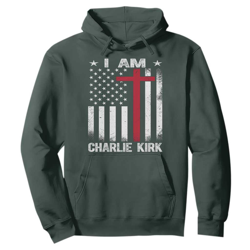 I Am Charlie Kirk Hoodie Christian Cross Faith American Falg TS02 Dark Forest Green Print Your Wear