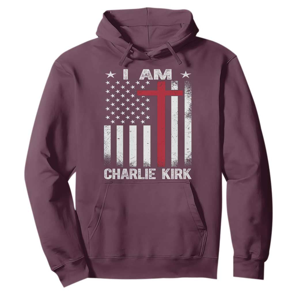 I Am Charlie Kirk Hoodie Christian Cross Faith American Falg TS02 Maroon Print Your Wear