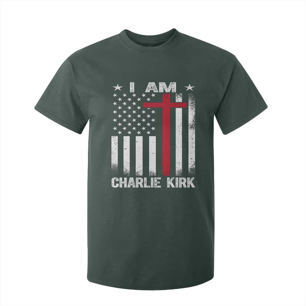 I Am Charlie Kirk T Shirt For Kid Christian Cross Faith American Falg TS02 Dark Forest Green Print Your Wear
