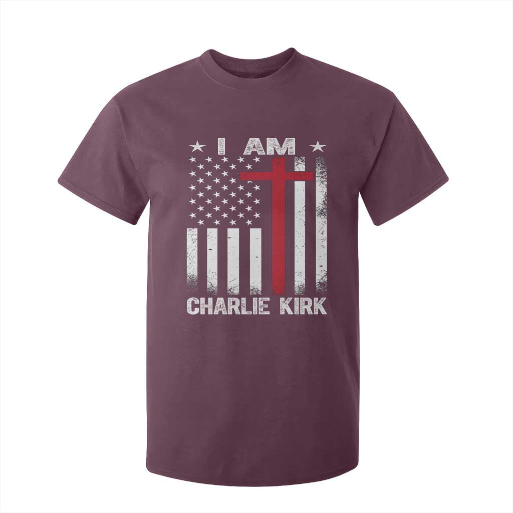 I Am Charlie Kirk T Shirt For Kid Christian Cross Faith American Flag TS02 Maroon Print Your Wear