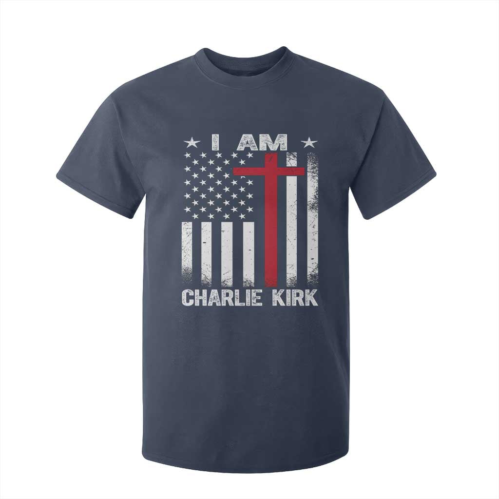 I Am Charlie Kirk T Shirt For Kid Christian Cross Faith American Flag TS02 Navy Print Your Wear