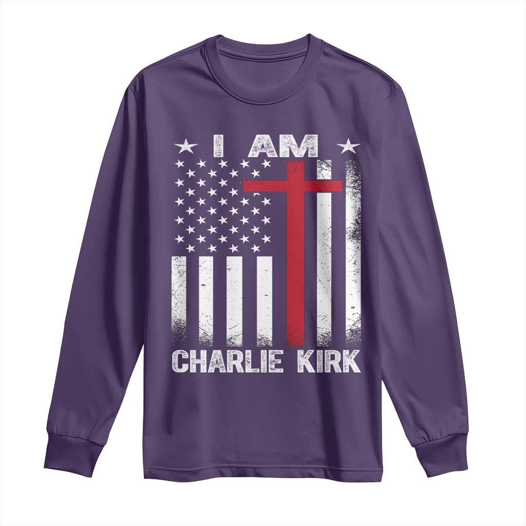 I Am Charlie Kirk Long Sleeve Shirt Christian Cross Faith American Falg TS02 Purple Print Your Wear