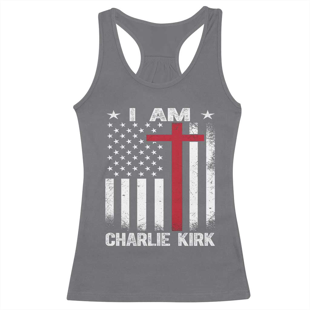 I Am Charlie Kirk Racerback Tank Top Christian Cross Faith American Falg TS02 Charcoal Print Your Wear