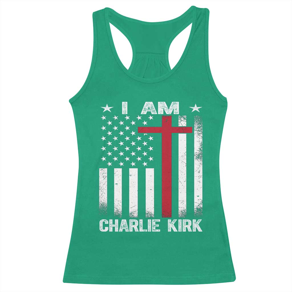 I Am Charlie Kirk Racerback Tank Top Christian Cross Faith American Flag TS02 Irish Green Print Your Wear