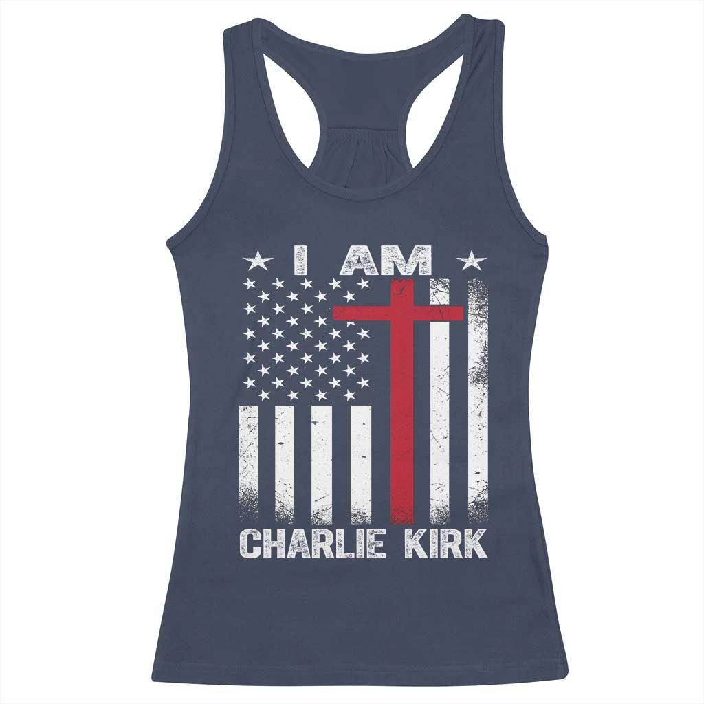 I Am Charlie Kirk Racerback Tank Top Christian Cross Faith American Flag TS02 Navy Print Your Wear