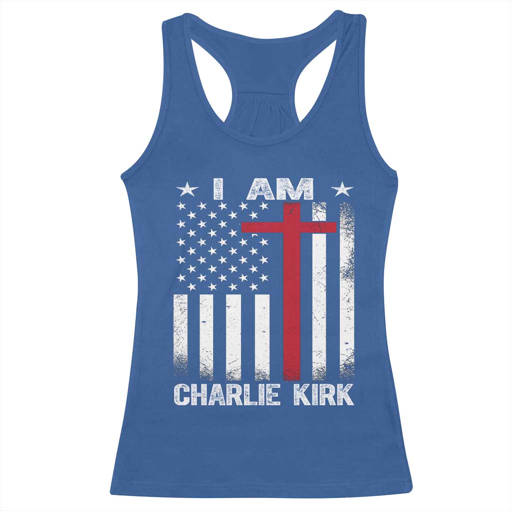 I Am Charlie Kirk Racerback Tank Top Christian Cross Faith American Flag TS02 Royal Blue Print Your Wear