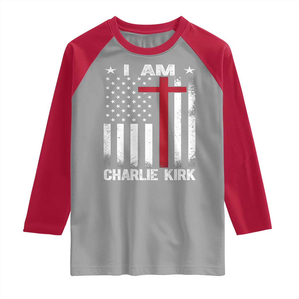 I Am Charlie Kirk Raglan Shirt Christian Cross Faith American Flag TS02 Sport Gray Red Print Your Wear