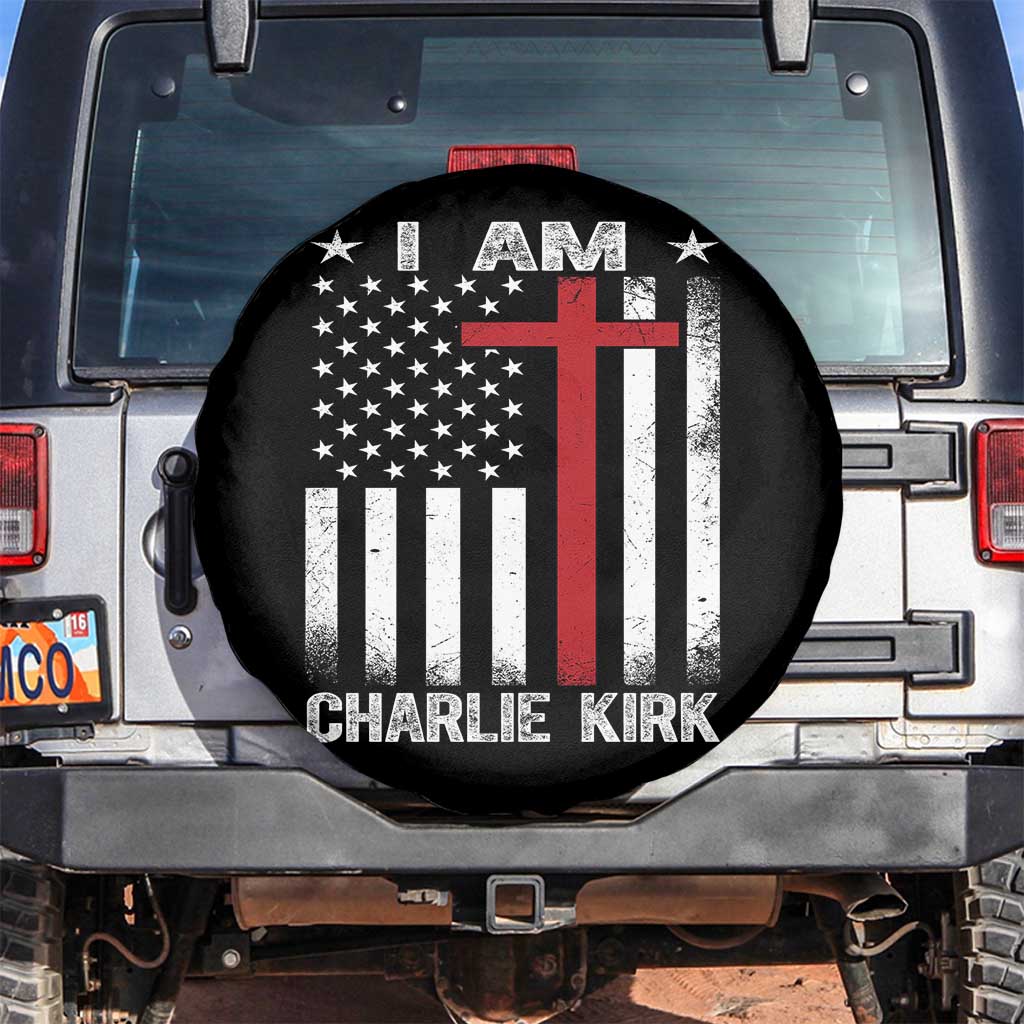 I Am Charlie Kirk Spare Tire Cover Christian Cross Faith American Falg TS02 No hole Black Print Your Wear