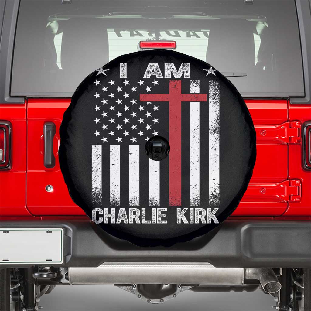 I Am Charlie Kirk Spare Tire Cover Christian Cross Faith American Flag TS02 Black Print Your Wear