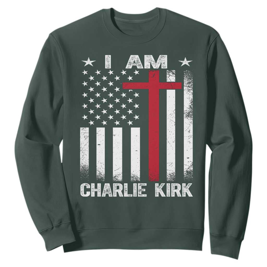I Am Charlie Kirk Sweatshirt Christian Cross Faith American Flag TS02 Dark Forest Green Print Your Wear