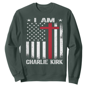 I Am Charlie Kirk Sweatshirt Christian Cross Faith American Flag TS02 Dark Forest Green Print Your Wear