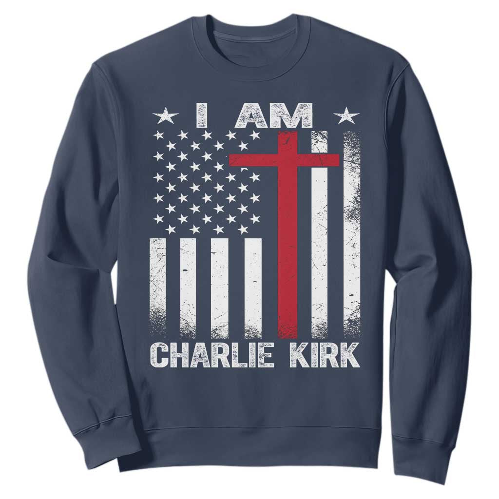 I Am Charlie Kirk Sweatshirt Christian Cross Faith American Falg TS02 Navy Print Your Wear