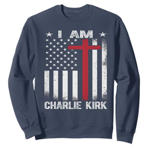 I Am Charlie Kirk Sweatshirt Christian Cross Faith American Falg TS02 Navy Print Your Wear