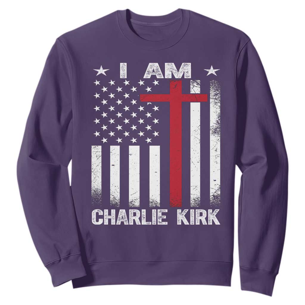 I Am Charlie Kirk Sweatshirt Christian Cross Faith American Flag TS02 Purple Print Your Wear