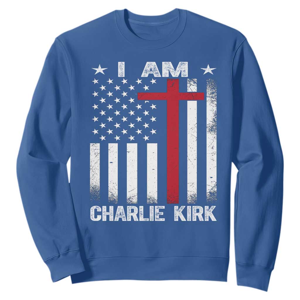 I Am Charlie Kirk Sweatshirt Christian Cross Faith American Flag TS02 Royal Blue Print Your Wear