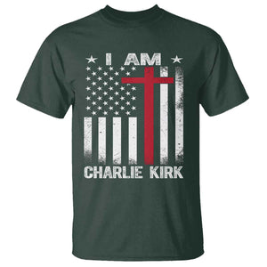 I Am Charlie Kirk T Shirt Christian Cross Faith American Flag TS02 Dark Forest Green Print Your Wear