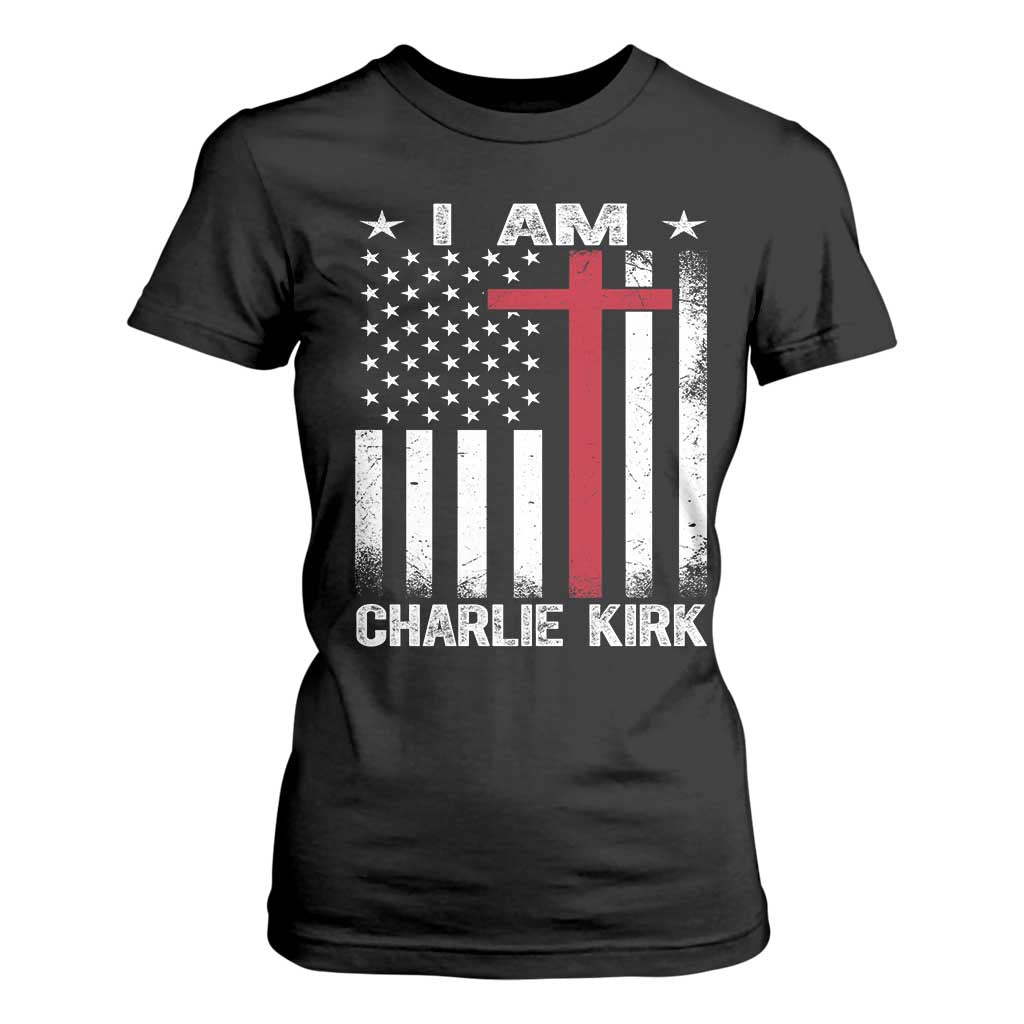 I Am Charlie Kirk T Shirt For Women Christian Cross Faith American Flag TS02 Black Print Your Wear