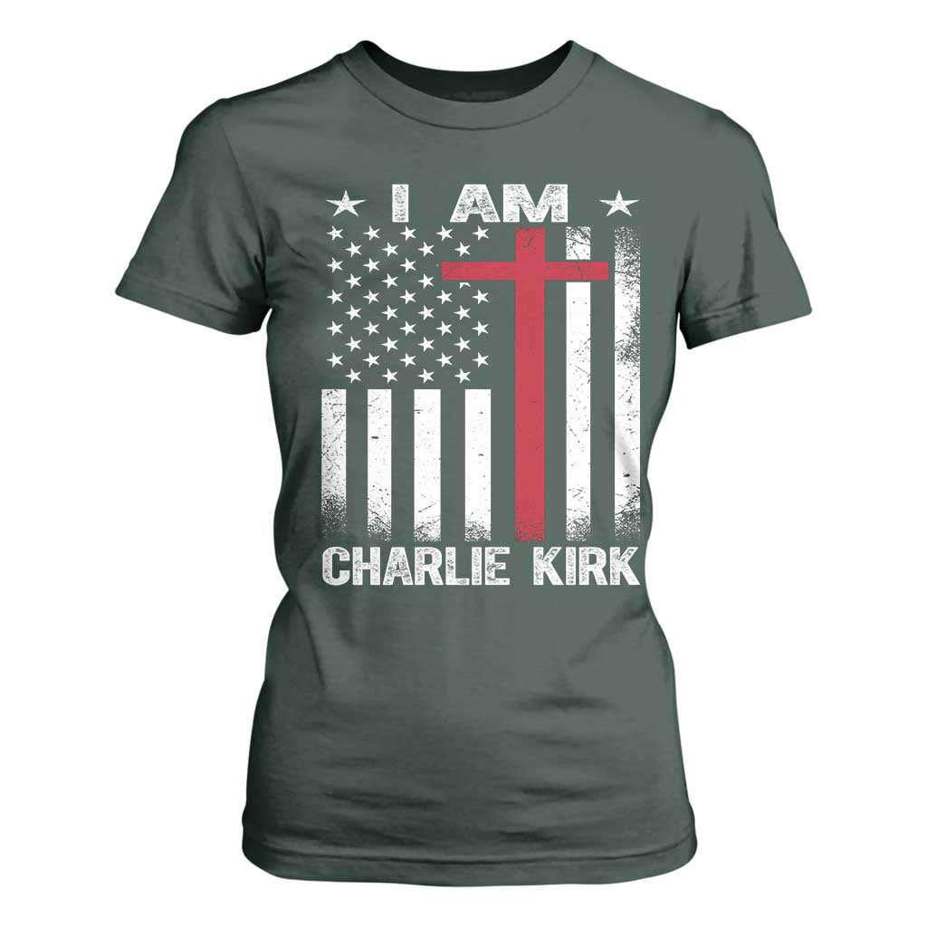 I Am Charlie Kirk T Shirt For Women Christian Cross Faith American Flag TS02 Dark Forest Green Print Your Wear