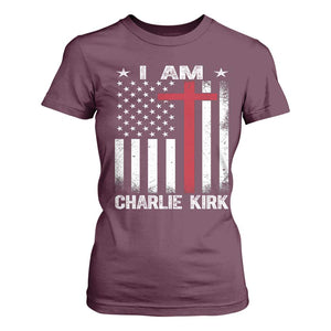 I Am Charlie Kirk T Shirt For Women Christian Cross Faith American Flag TS02 Maroon Print Your Wear