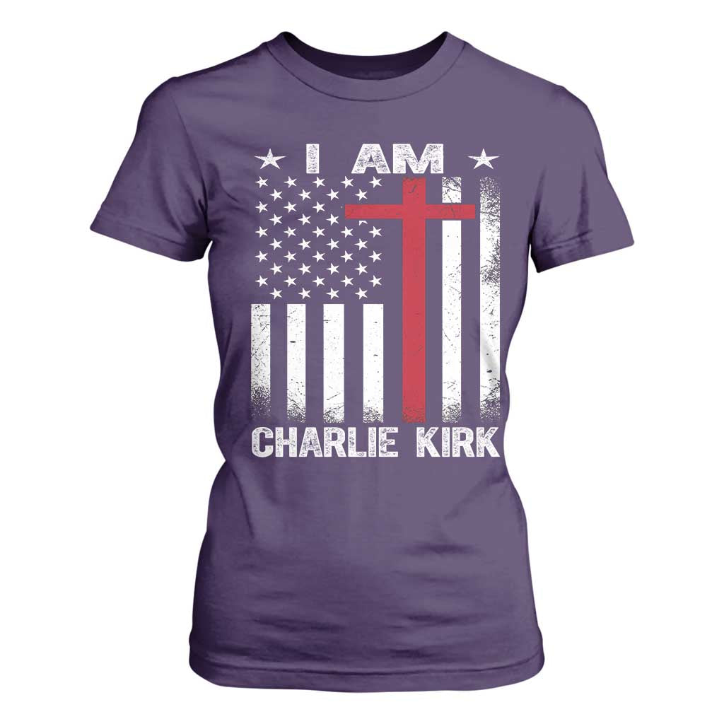 I Am Charlie Kirk T Shirt For Women Christian Cross Faith American Flag TS02 Purple Print Your Wear