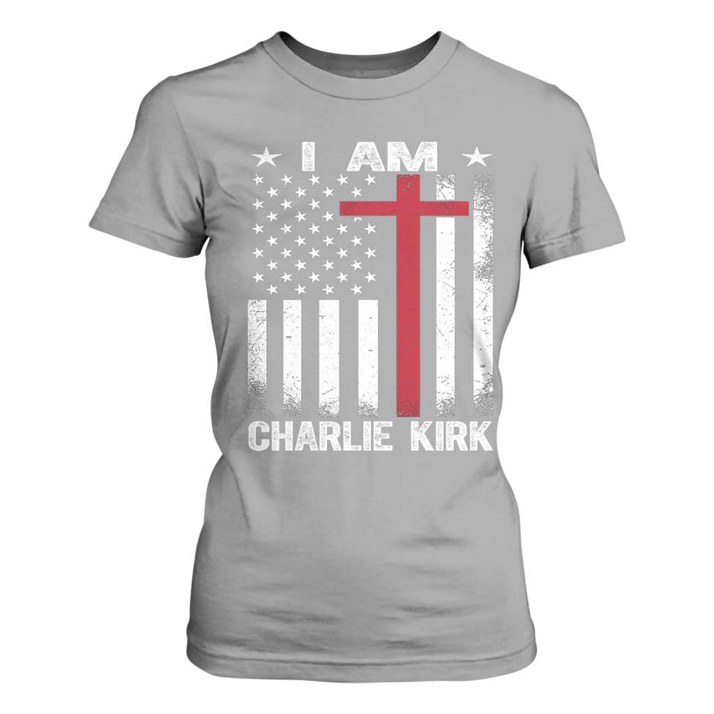 I Am Charlie Kirk T Shirt For Women Christian Cross Faith American Flag TS02 Sport Gray Print Your Wear