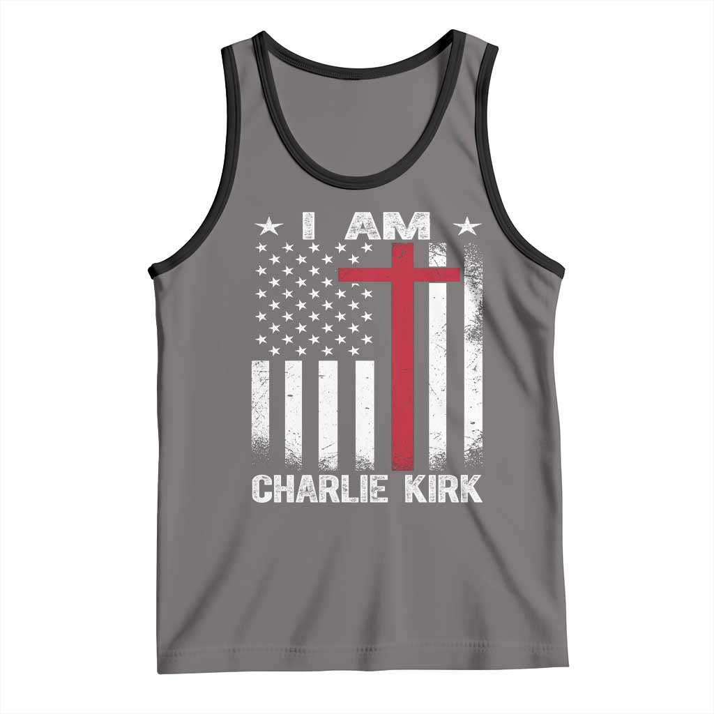 I Am Charlie Kirk Tank Top Christian Cross Faith American Flag TS02 Deep Heather Black Print Your Wear