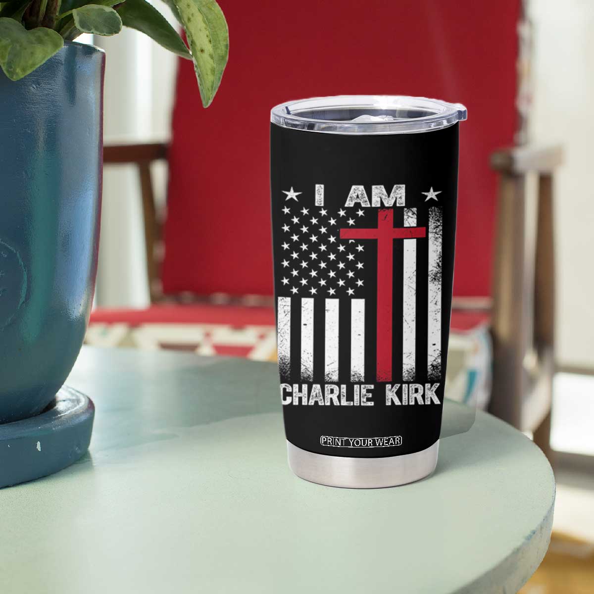 I Am Charlie Kirk Tumbler Cup Christian Cross Faith American Falg TS02 Print Your Wear