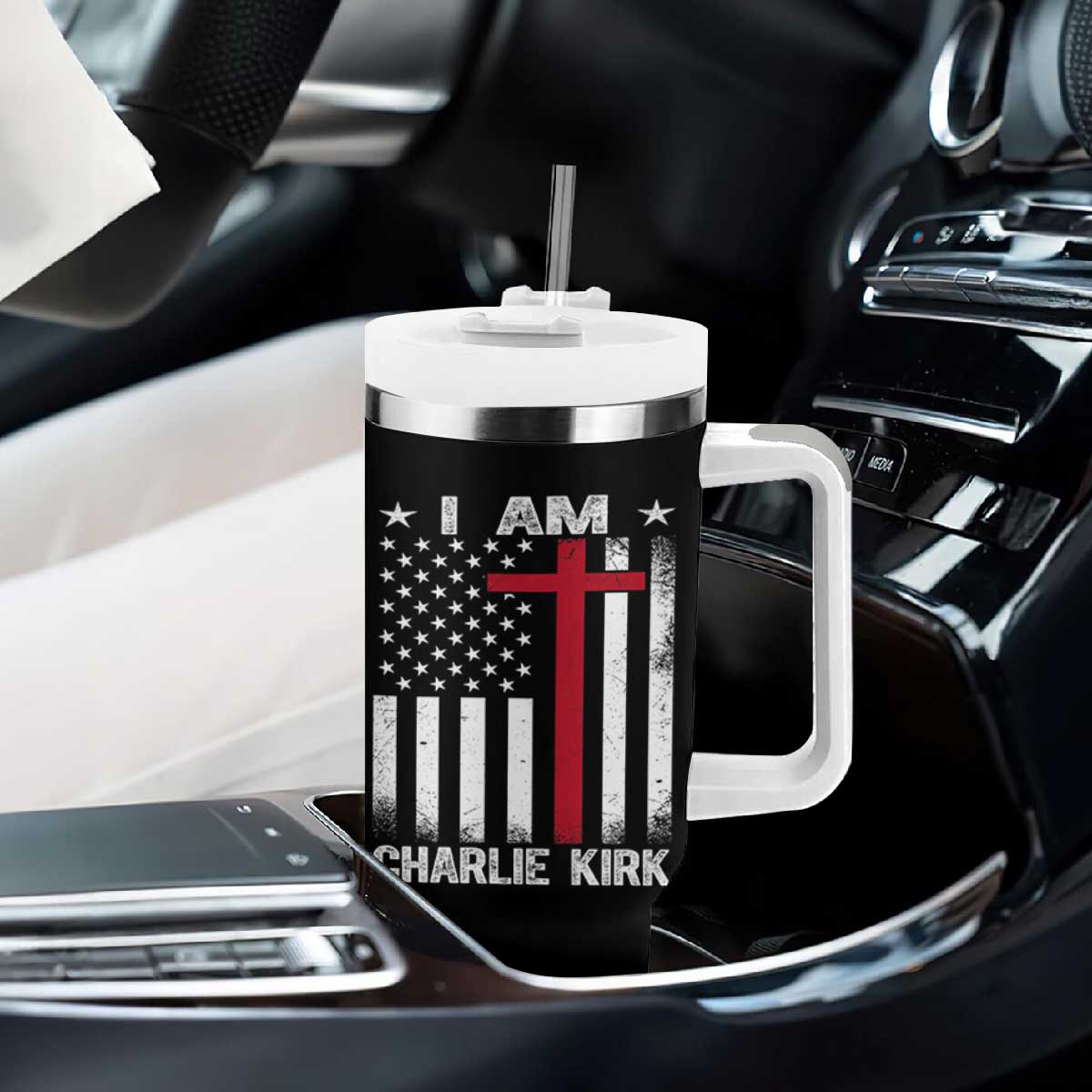 I Am Charlie Kirk Tumbler With Handle Christian Cross Faith American Falg TS02 Print Your Wear