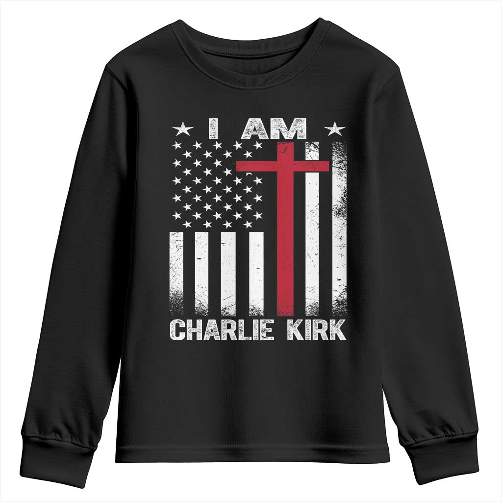 I Am Charlie Kirk Youth Sweatshirt Christian Cross Faith American Falg TS02 Black Print Your Wear