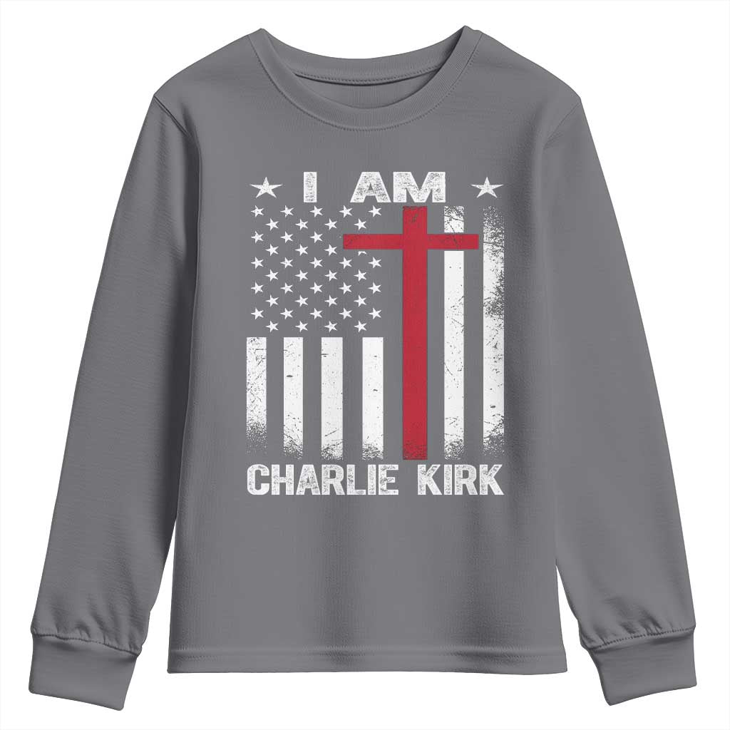 I Am Charlie Kirk Youth Sweatshirt Christian Cross Faith American Flag TS02 Charcoal Print Your Wear