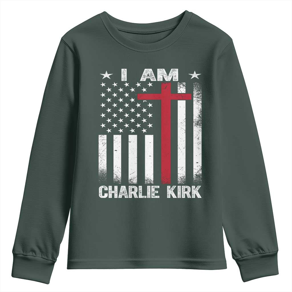 I Am Charlie Kirk Youth Sweatshirt Christian Cross Faith American Falg TS02 Dark Forest Green Print Your Wear