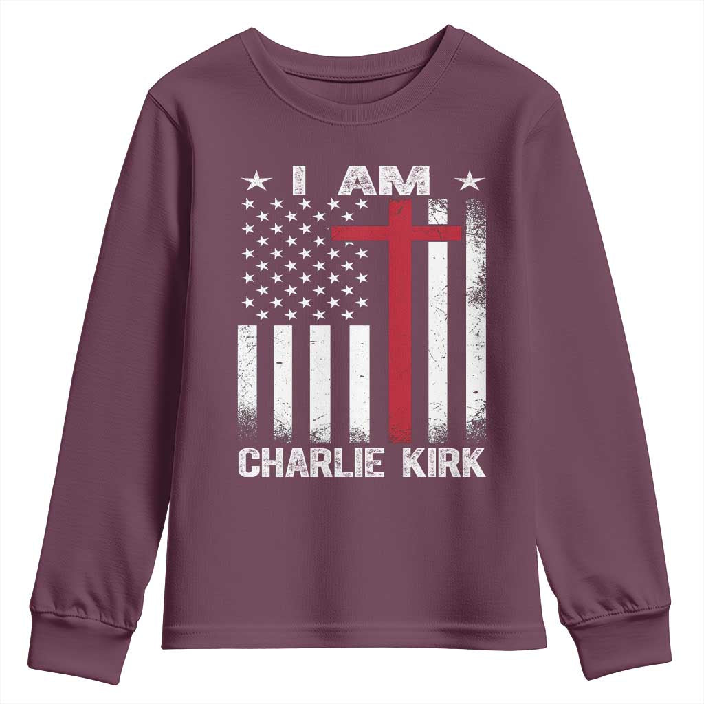 I Am Charlie Kirk Youth Sweatshirt Christian Cross Faith American Flag TS02 Maroon Print Your Wear