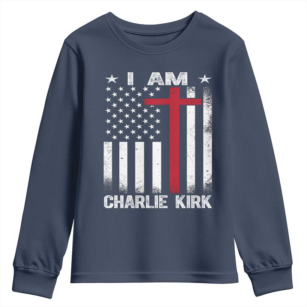 I Am Charlie Kirk Youth Sweatshirt Christian Cross Faith American Flag TS02 Navy Print Your Wear