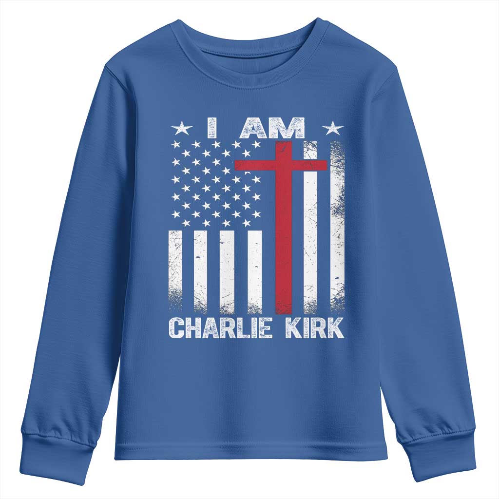 I Am Charlie Kirk Youth Sweatshirt Christian Cross Faith American Flag TS02 Royal Blue Print Your Wear