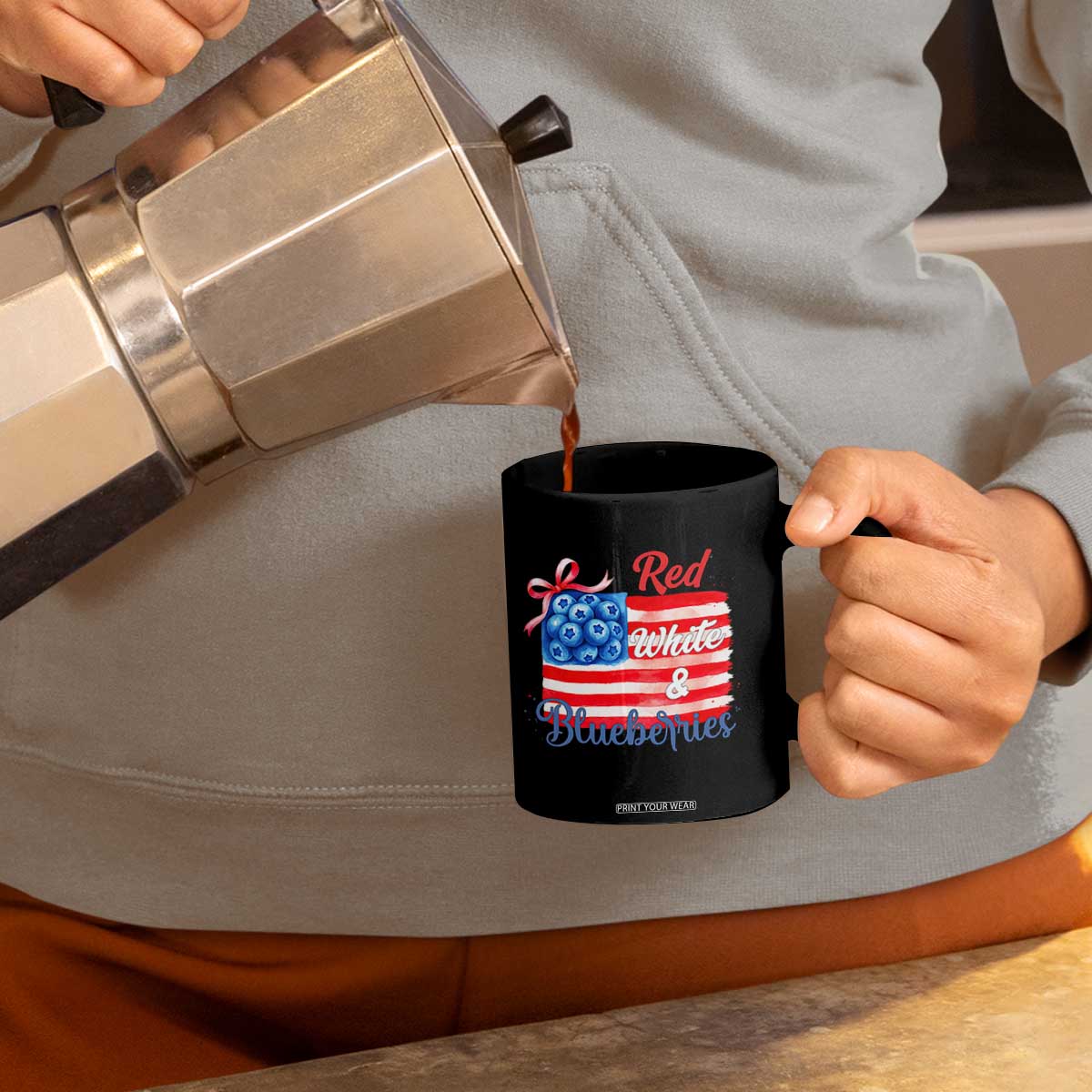 Red White and Blueberries Coffee Mug Patriotic Vintage American Flag Coquette Bow TS02 Print Your Wear