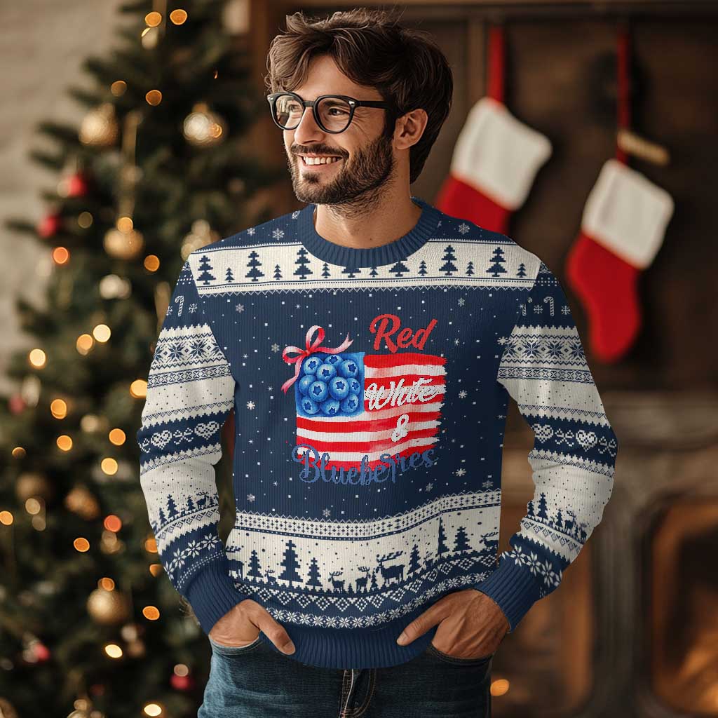 Red White and Blueberries Ugly Christmas Sweater Patriotic Vintage American Flag Coquette Bow TS02 Navy Beige Print Your Wear