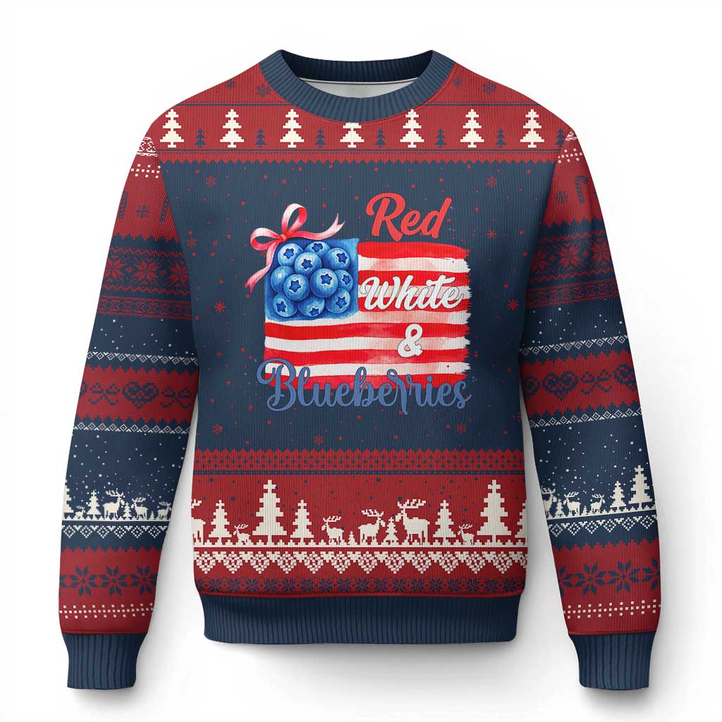 Red White and Blueberries Ugly Christmas Sweater Patriotic Vintage American Flag Coquette Bow TS02 Navy Red Print Your Wear