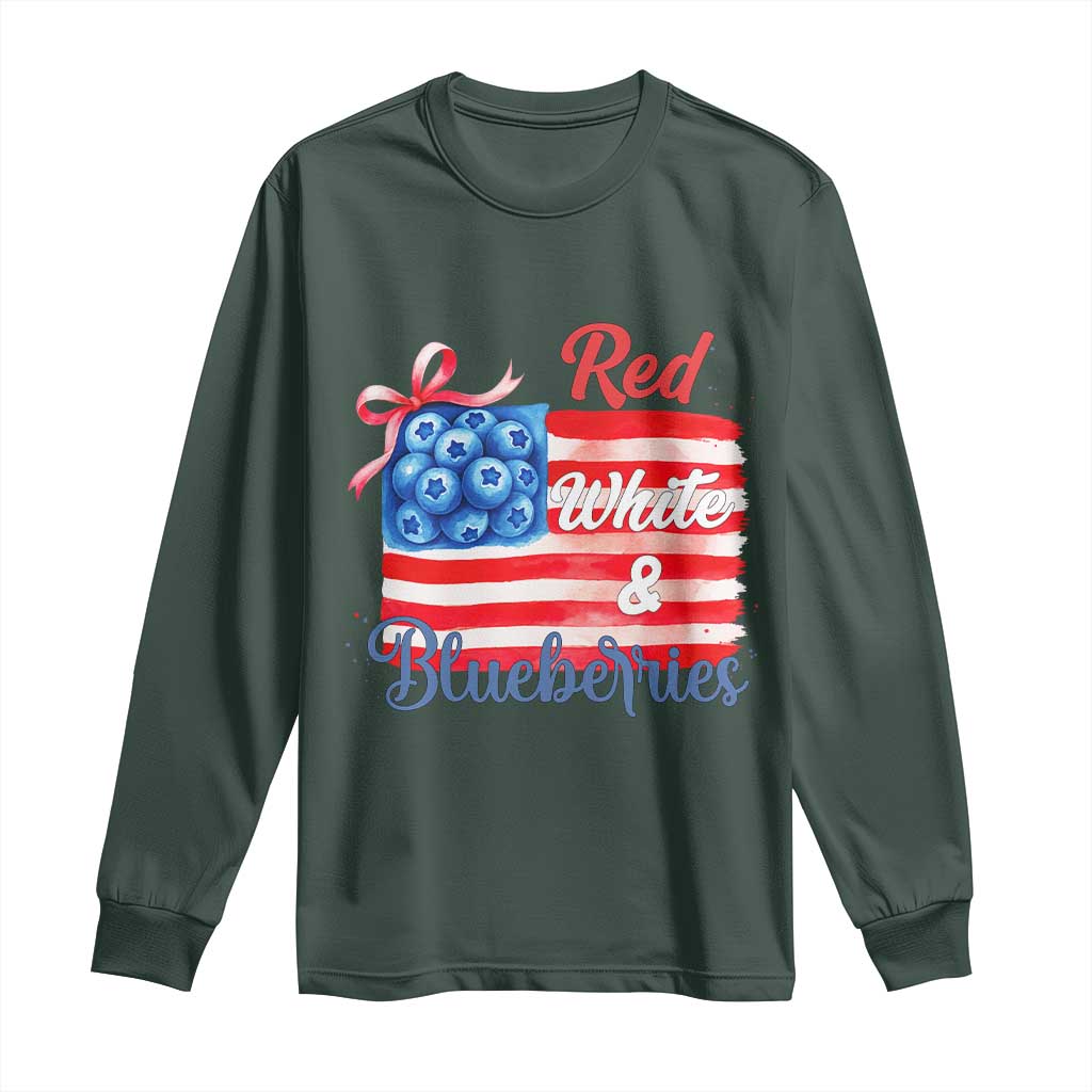 Red White and Blueberries Long Sleeve Shirt Patriotic Vintage American Flag Coquette Bow TS02 Dark Forest Green Print Your Wear